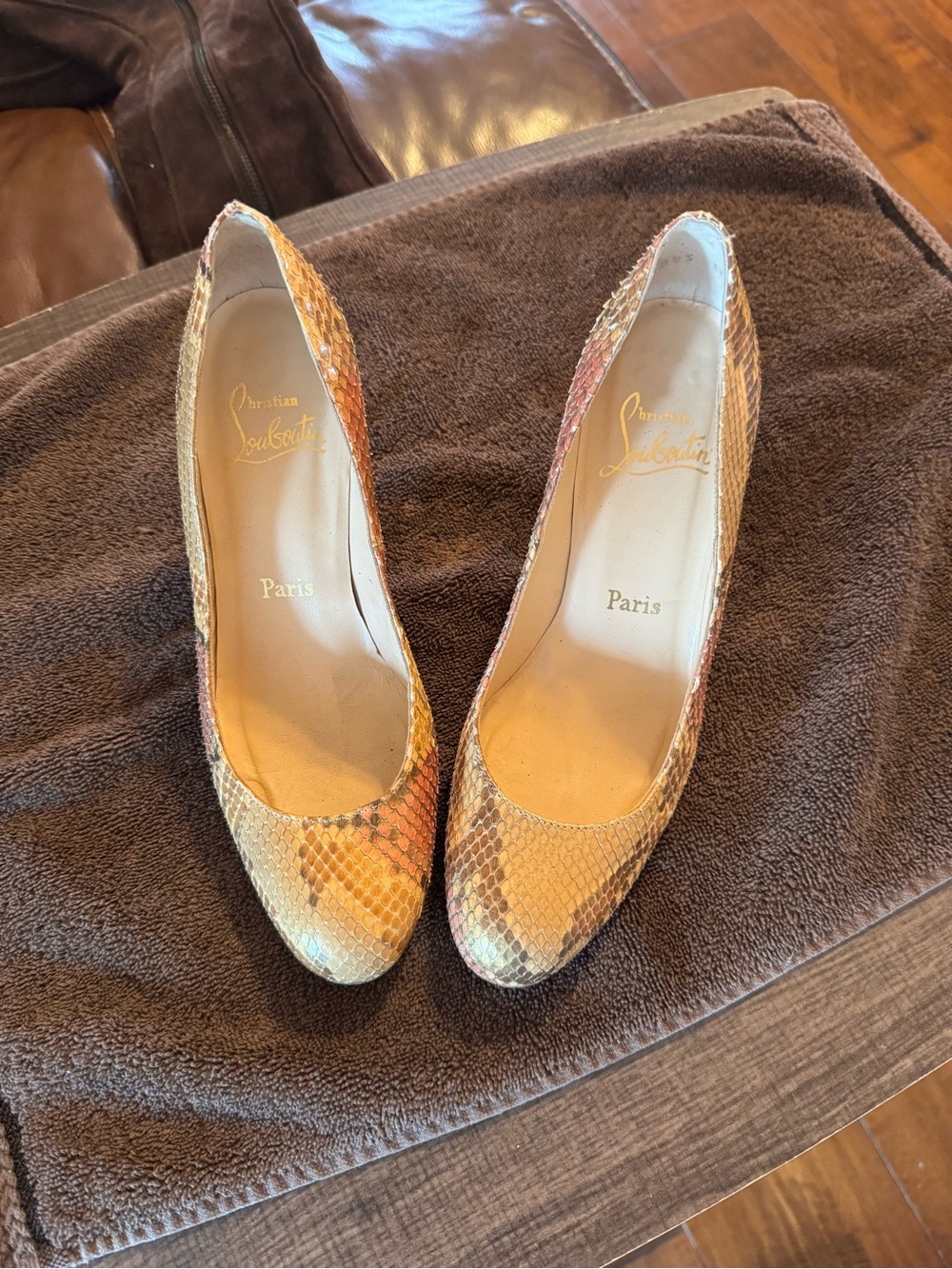 Christian Louboutin Metallic Gold Snakeskin Round-Toe Pumps